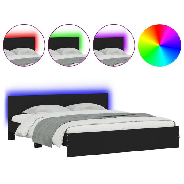 vidaXL Πλαίσιο Κρεβατιού με Κεφαλάρι/LED Μαύρο 180x200 εκ