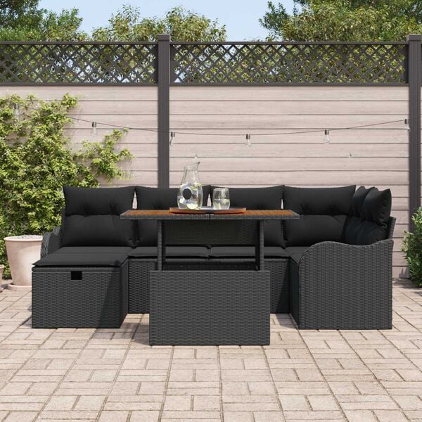 vidaXL Σετ Καναπέ Κήπου με μαξιλάρι 7 pcs Μαύρο Πολυ ράταν