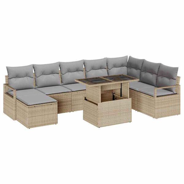 vidaXL Σετ Καναπέ Κήπου με μαξιλάρι 9 pcs μπεζ και ανοιχτό γκρι