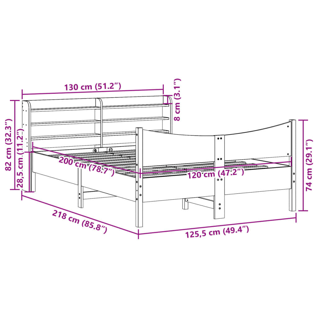 vidaXL Πλαίσιο Κρεβατιού με Κεφαλάρι 120x200 εκ. από Μασίφ Ξύλο Πεύκου