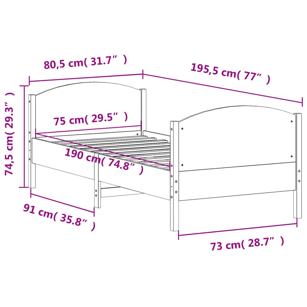 vidaXL Σκελετός Κρεβατιού Χωρίς Στρώμα 75x190 εκ Μασίφ Ξύλο Πεύκου