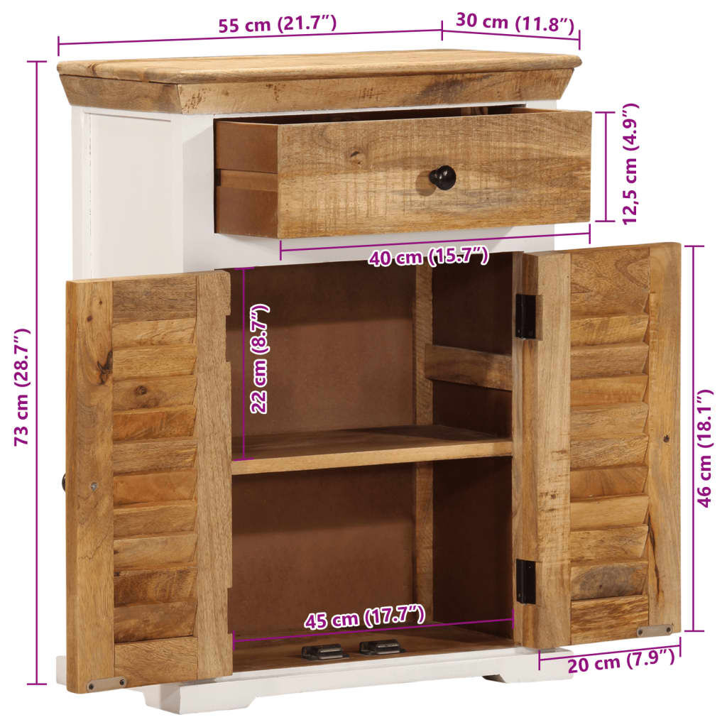 vidaXL Ντουλάπι Λευκό και Καφέ 55x30x73 εκ. Μασίφ Ακατεργ. Ξύλο Μάνγκο