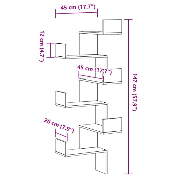 vidaXL Γωνιακό Ράφι Τοίχου με ράφι Μαύρη δρυς 45 x 45 x 147 cm