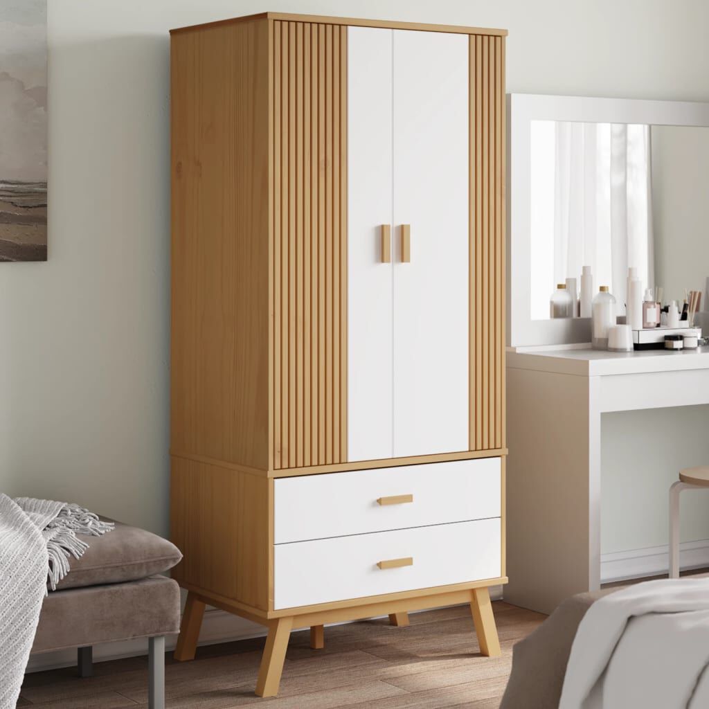 vidaXL Ντουλάπα OLDEN Λευκό & Καφέ 76,5x53x172 εκ. Μασίφ Ξύλο Πεύκου