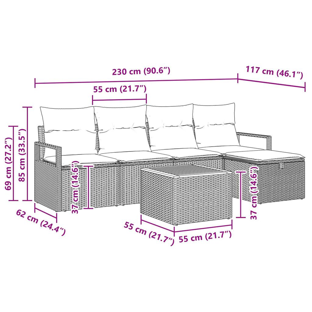 vidaXL Σετ Καναπέ Κήπου με μαξιλάρι 6 pcs Μπεζ Πολυ ράταν