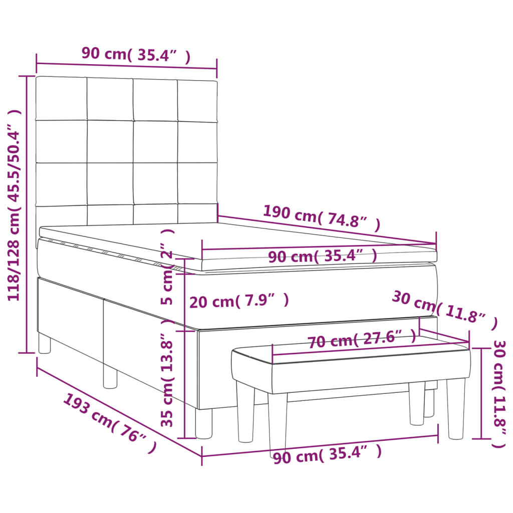 vidaXL Κρεβάτι Boxspring με Στρώμα Σκούρο Γκρι 90x190 εκ. Βελούδινο