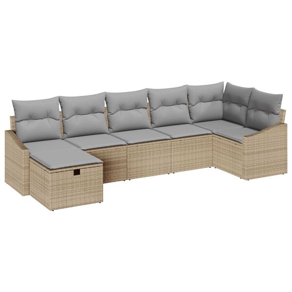 vidaXL Σετ Καναπέ Κήπου με μαξιλάρι 7 pcs Μπεζ Πολυ ράταν