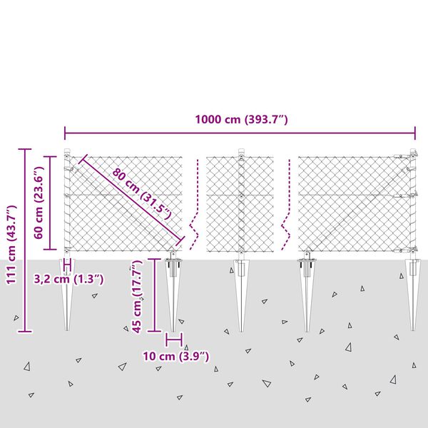 vidaXL Φράχτης Αλυσίδας με 7 σπικερόπορτες 0.6x10 μ. Γαλβανισμένος Ατσάλινος