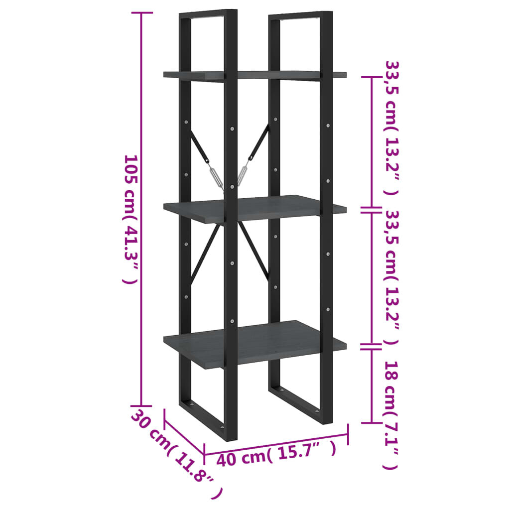 vidaXL Βιβλιοθήκη με 3 Ράφια Γκρι 40x30x105 εκ. από Μασίφ Ξύλο Πεύκου