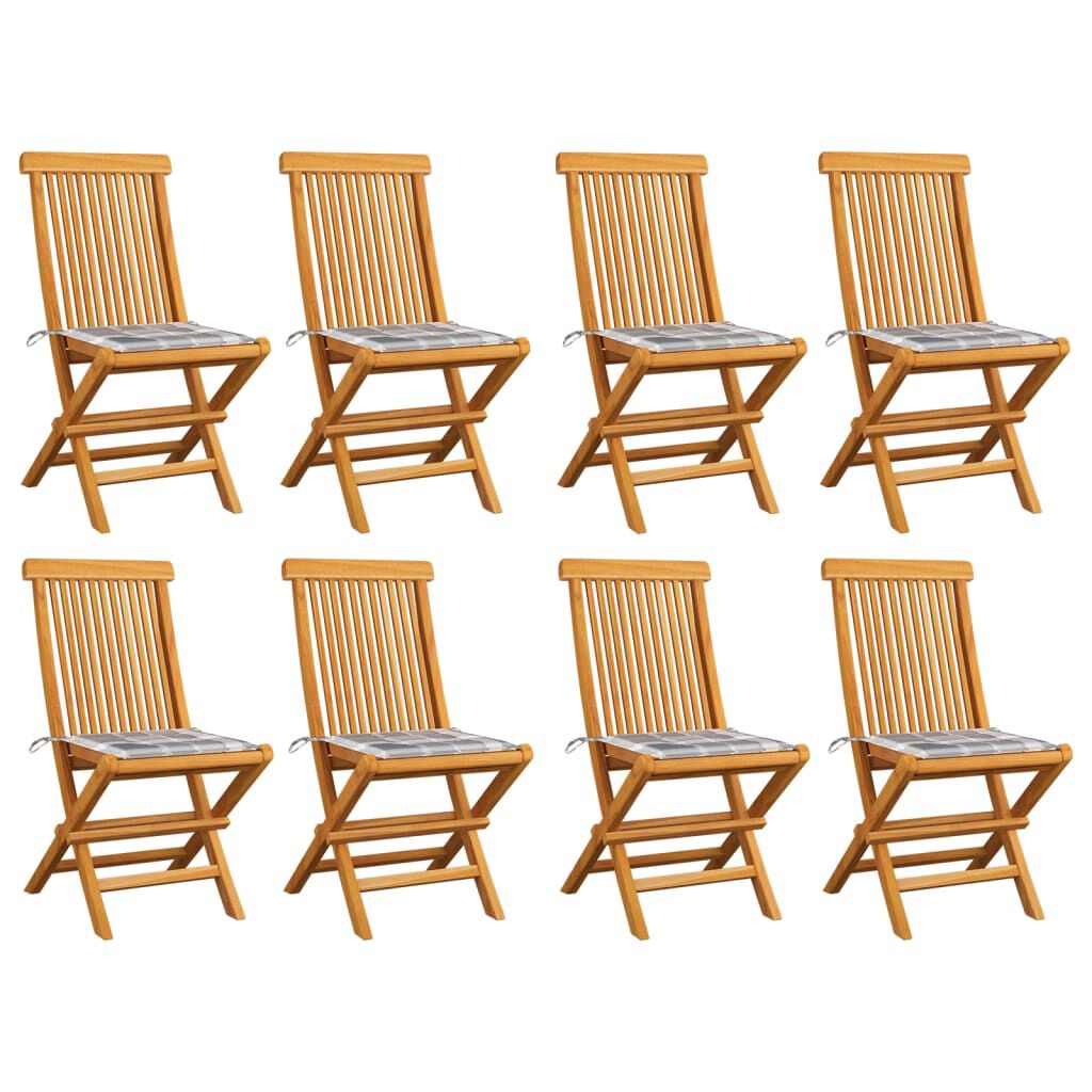 vidaXL Καρέκλες Κήπου 8 τεμ από Μασίφ Ξύλο Teak με Γκρι Καρό Μαξιλάρια