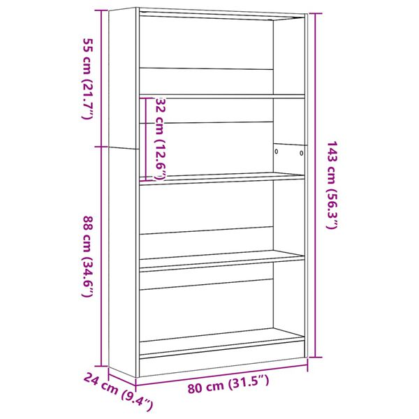 vidaXL Βιβλιοθήκη Μαύρη 80x24x143 εκ. από Επεξεργασμένο Ξύλο