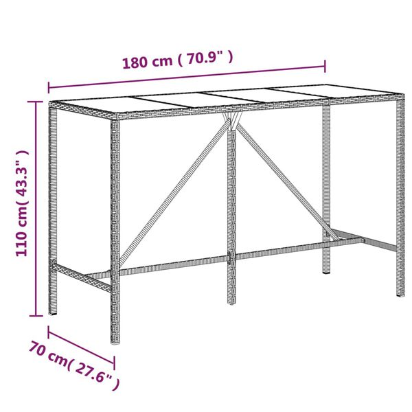 vidaXL Τραπέζι Μπαρ με Γυάλ. Επιφάνεια Μαύρο 180x70x110 εκ Συνθ. Ρατάν