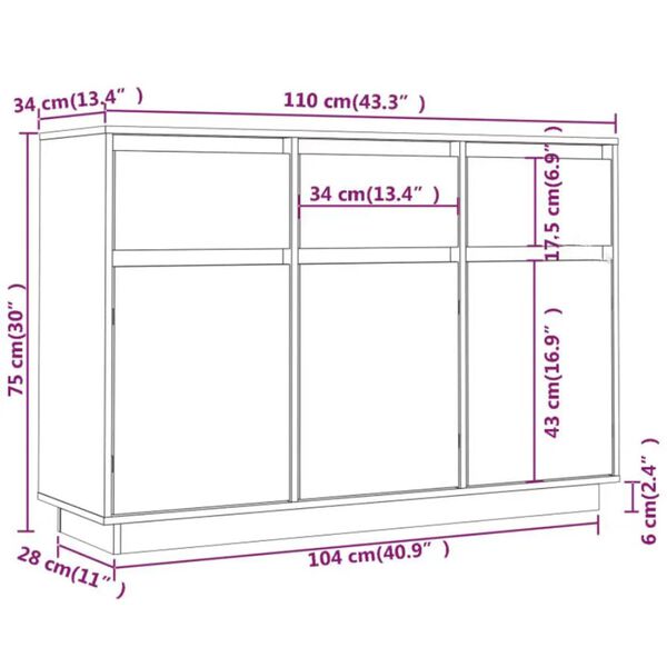 vidaXL Μπουφές 110 x 34 x 75 εκ. από Μασίφ Ξύλο Πεύκου