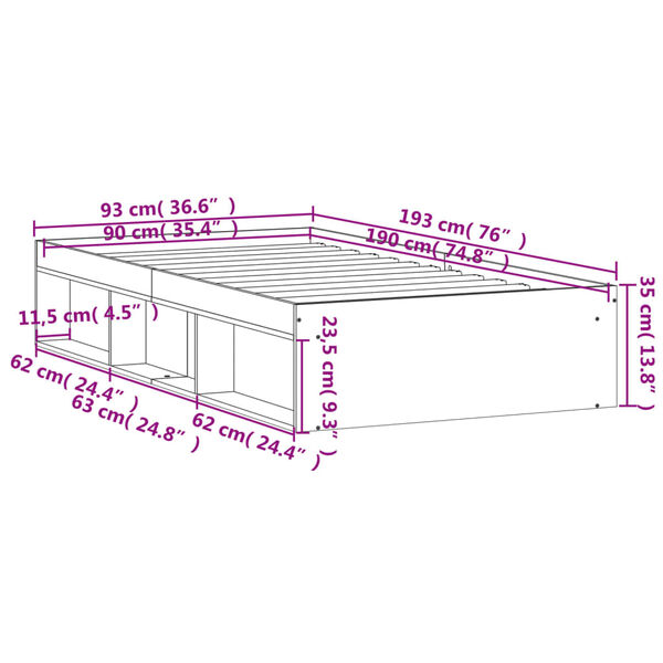 vidaXL Πλαίσιο Κρεβατιού Γκρι Sonoma 90 x 190 εκ.