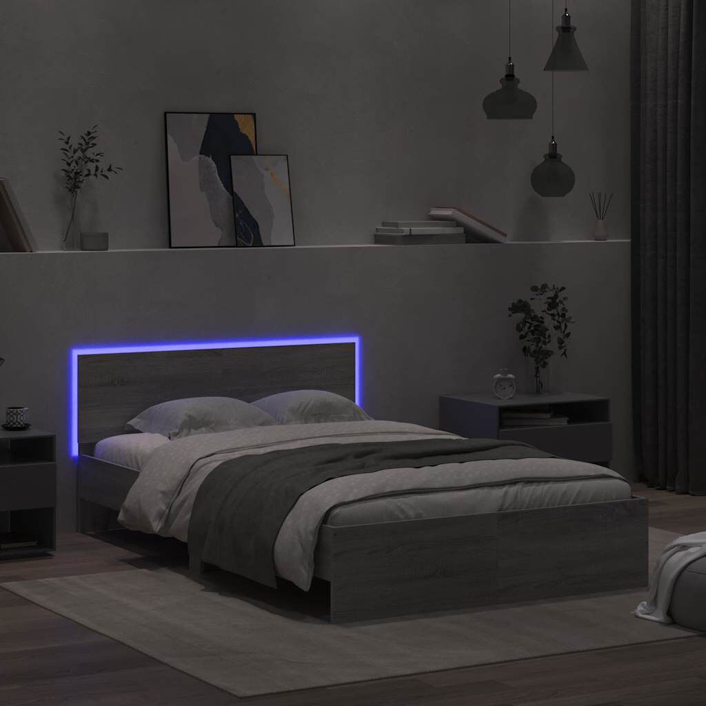 vidaXL Πλαίσιο Κρεβατιού με Κεφαλάρι/LED Γκρι Sonoma 140x200 εκ.