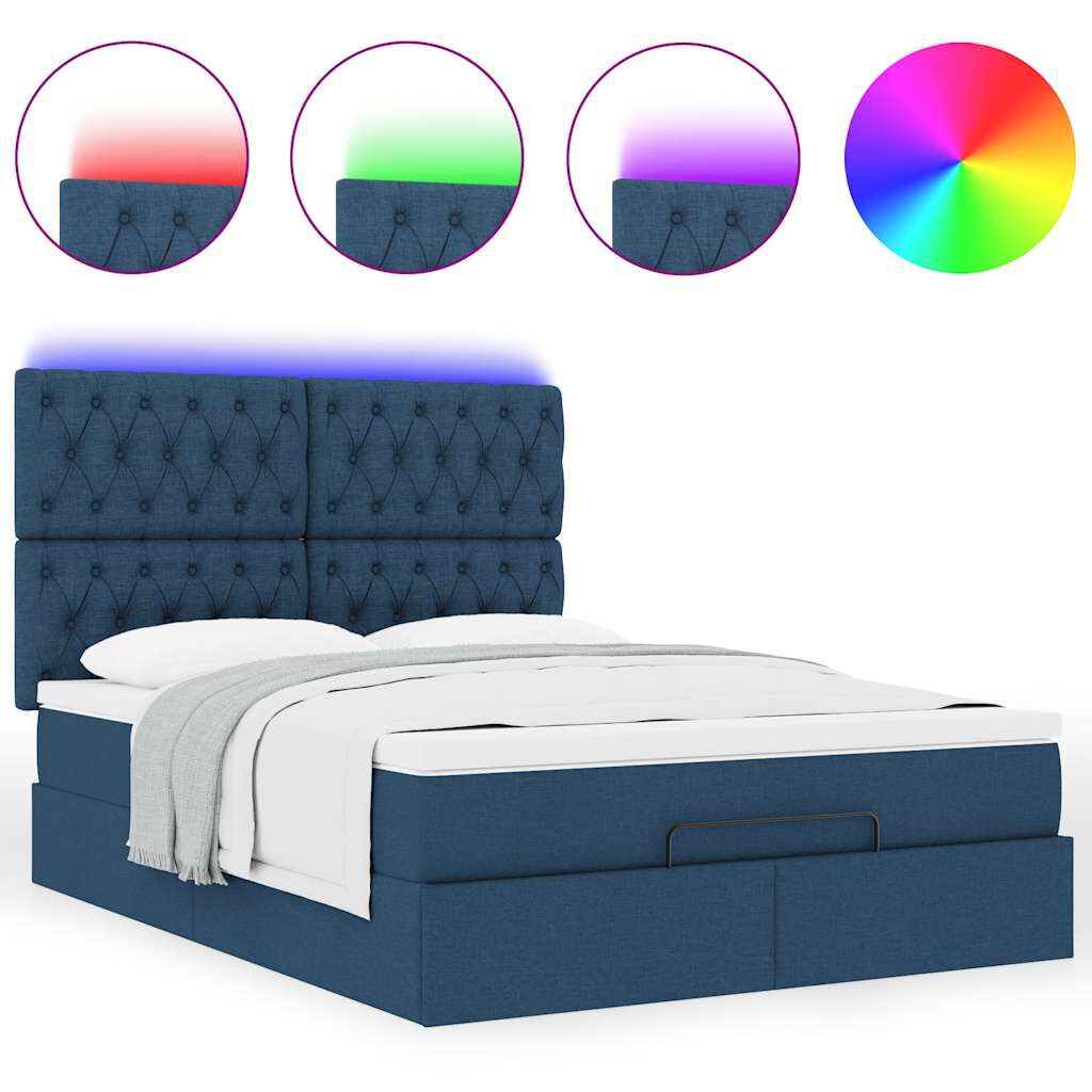 vidaXL Οθωμανικό κρεβάτι με στρώμα & LEDs Μπλε 140x190cm Ύφασμα
