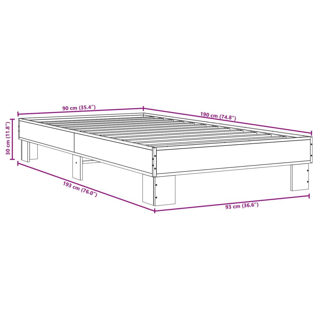 vidaXL Πλαίσιο Κρεβατιού Γκρι Sonoma 90 x 190 εκ. Επεξ. Ξύλο & Μέταλλο