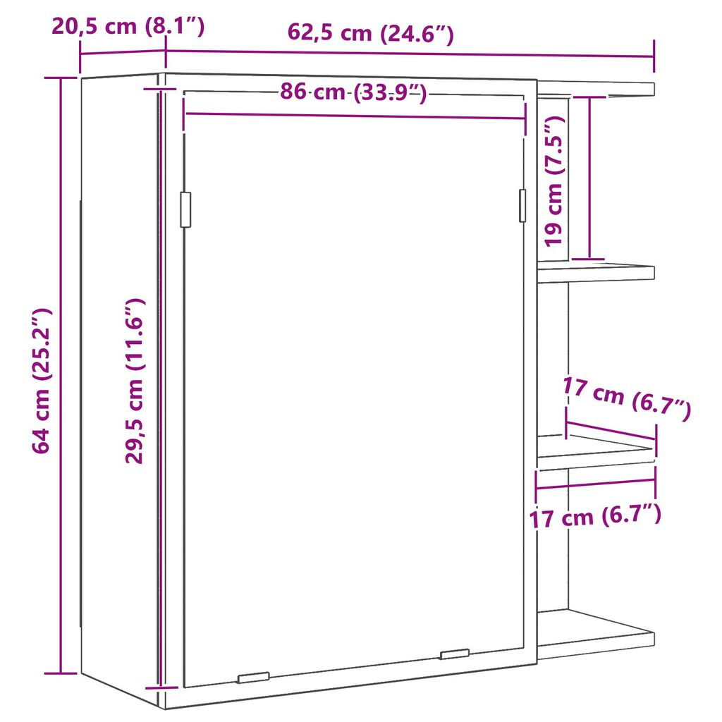 vidaXL Καθρέφτης Μπάνιου Ντουλάπι Μαύρο Δρυς 62,5x20,5x64 εκ από Επεξεργασμένο Ξύλο