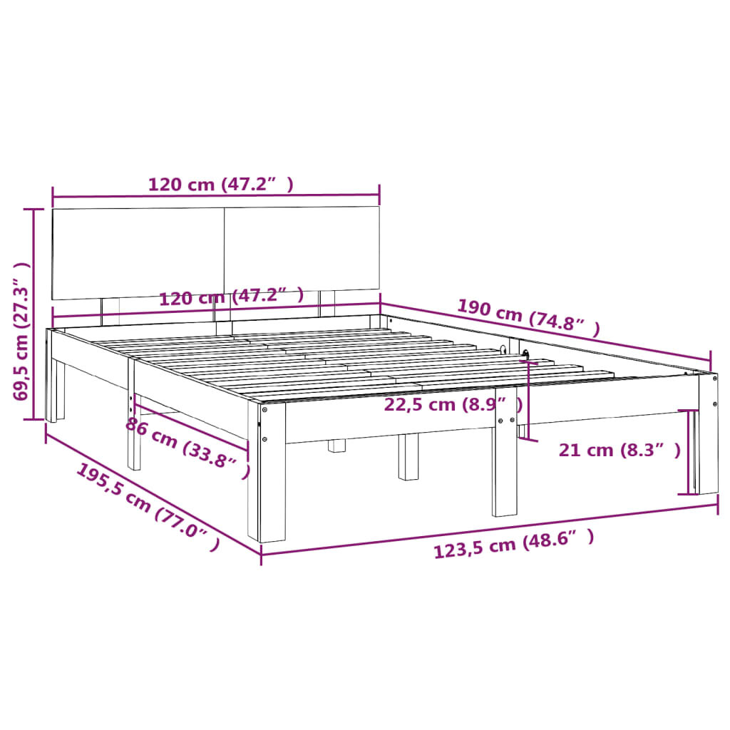 vidaXL Πλαίσιο Κρεβατιού Λευκό 120x190 εκ. Μασίφ Ξύλο Small Double