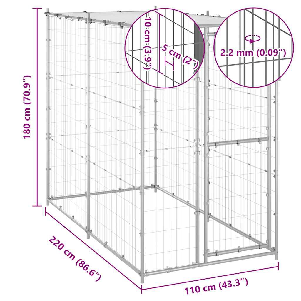 vidaXL Κλουβί Σκύλου Εξ. Χώρου Γαλβαν. Χάλυβας 110x220x180εκ Στέγαστρο
