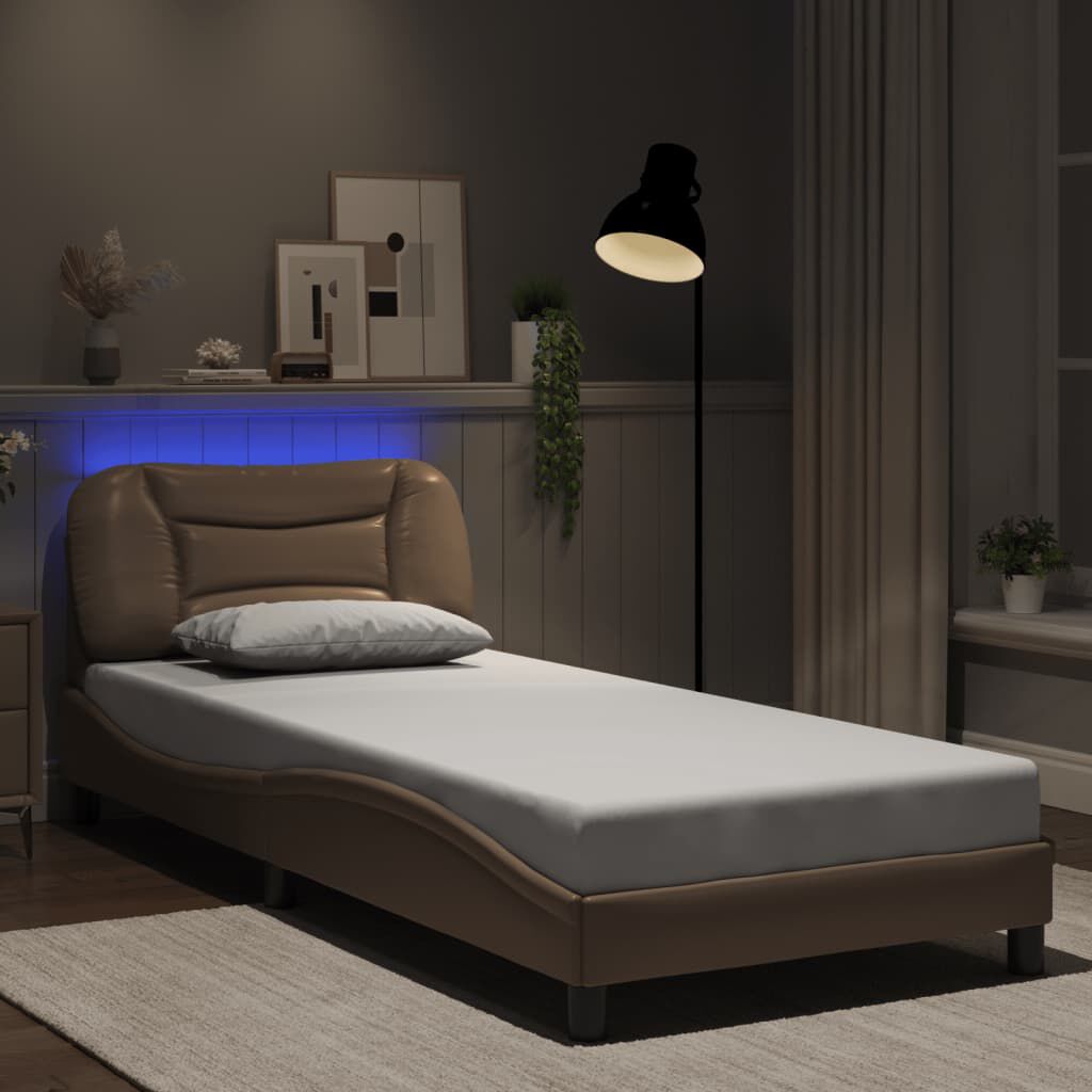 vidaXL Πλαίσιο Κρεβατιού με LED Καπουτσίνο 90x190 εκ. Συνθετικό Δέρμα