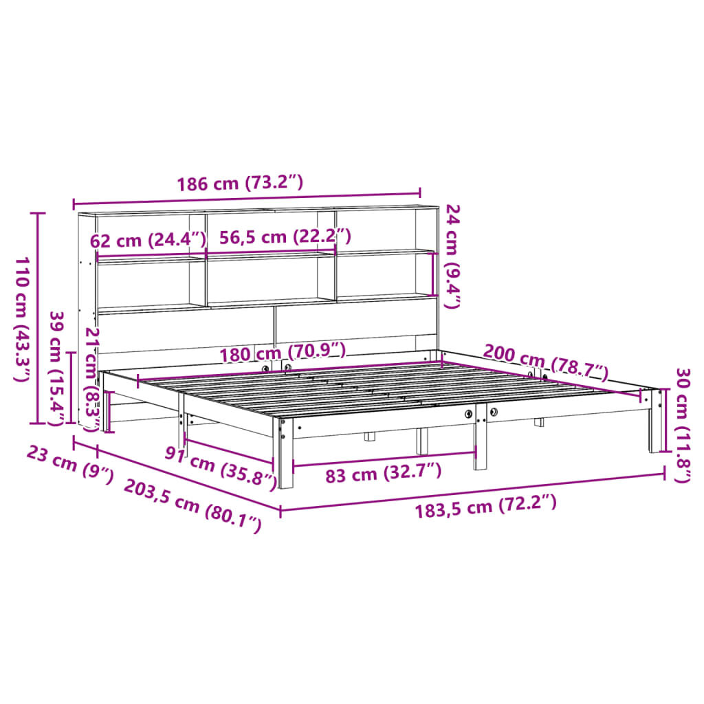 vidaXL Κρεβάτι Βιβλιοθήκη Χωρίς Στρώμα 180x200 εκ Μασίφ Ξύλο Πεύκου