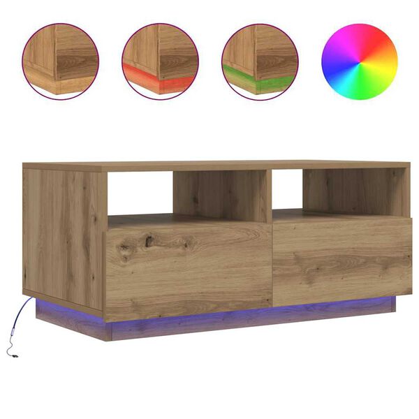 vidaXL Τραπεζάκι Σαλονιού με LED Artisan Δρυς 90 x 49 x 40 εκ.