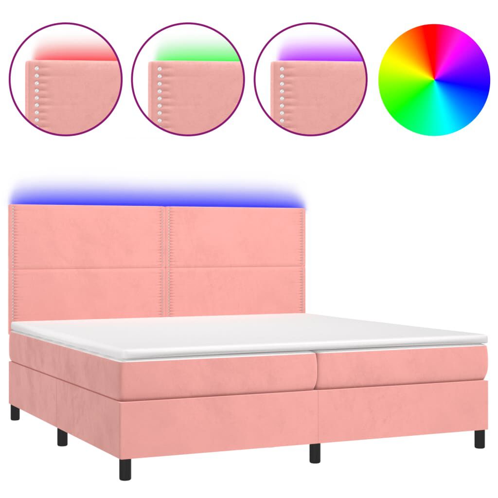 vidaXL Κρεβάτι Boxspring με Στρώμα & LED Ροζ 200x200 εκ. Βελούδινο