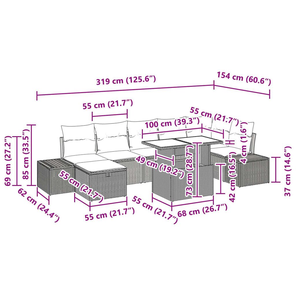 vidaXL Σετ Καναπέ Κήπου με μαξιλάρι 8 pcs Καφέ Πολυ ράταν