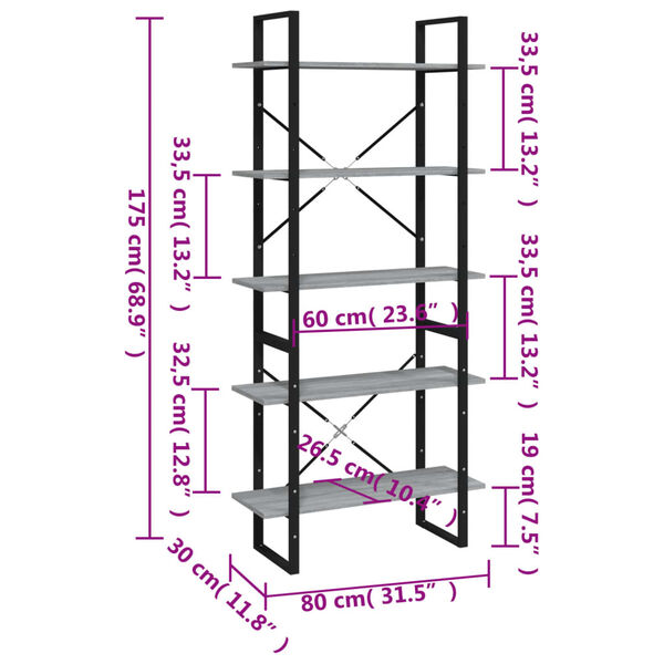 vidaXL Βιβλιοθήκη με 5 Ράφια Γκρι Sonoma 80x30x175 εκ. Επεξεργ. Ξύλο