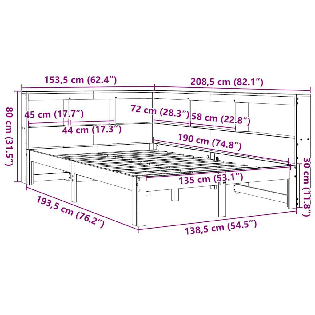 vidaXL Κρεβάτι Βιβλιοθήκη Χωρίς Στρώμα Λευκό 135x190 εκ Μασίφ Πεύκο