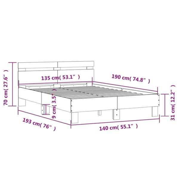 vidaXL Πλαίσιο Κρεβατιού με Κεφαλάρι/LED Μαύρο 135 x 190 εκ.