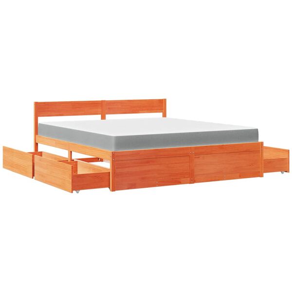 vidaXL Κρεβάτι με Συρτάρια+Στρώμα Καφέ 180x200 εκ. Μασίφ Ξύλο Πεύκου