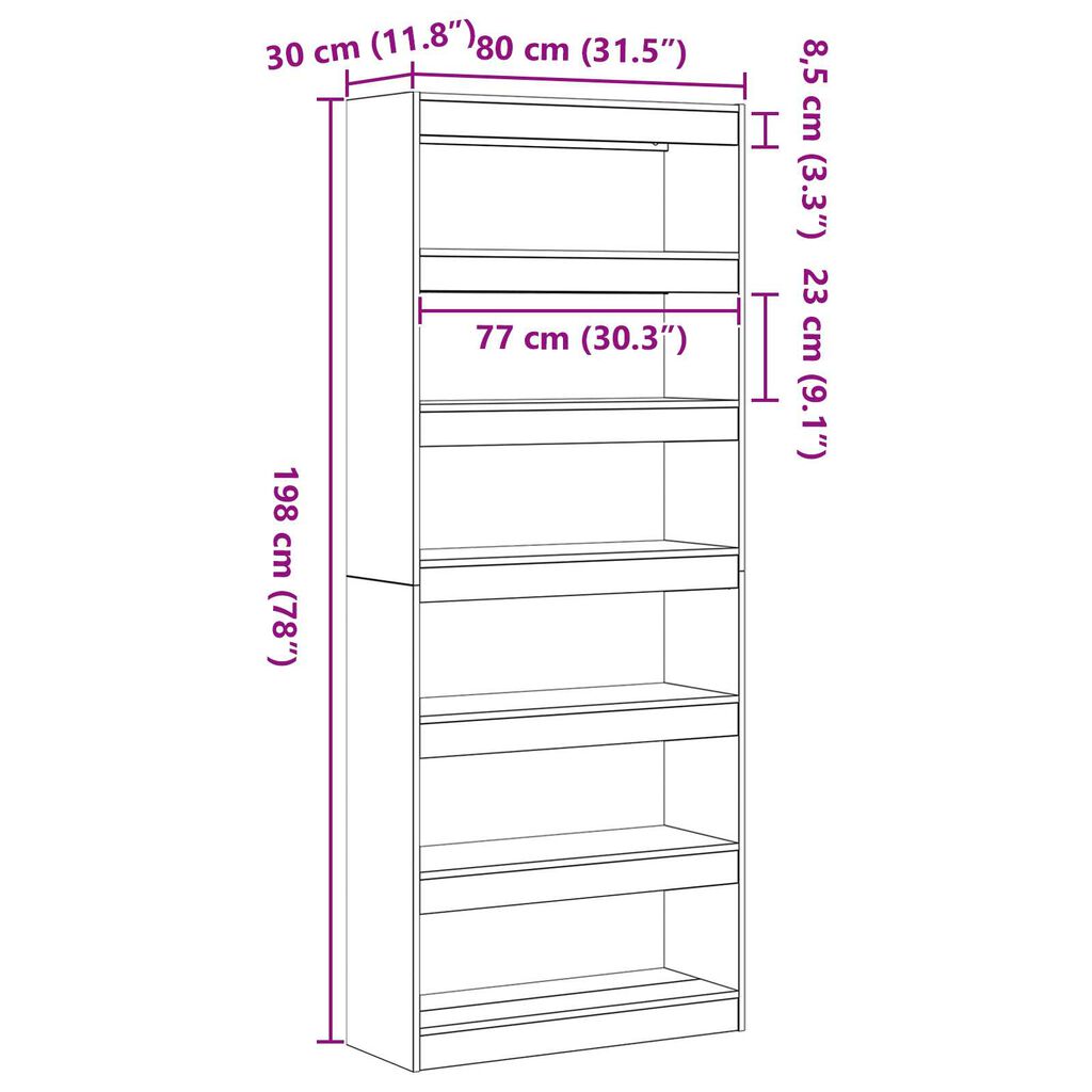 vidaXL Μαύρη Βιβλιοθήκη Μαύρη Ξύλο 80 x 30 x 198 εκ. Ραφιέρα