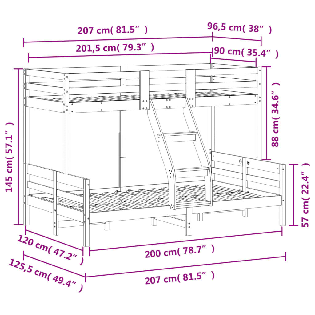 vidaXL Κουκέτα 90x200/120x200 εκ. από Μασίφ Ξύλο Πεύκου