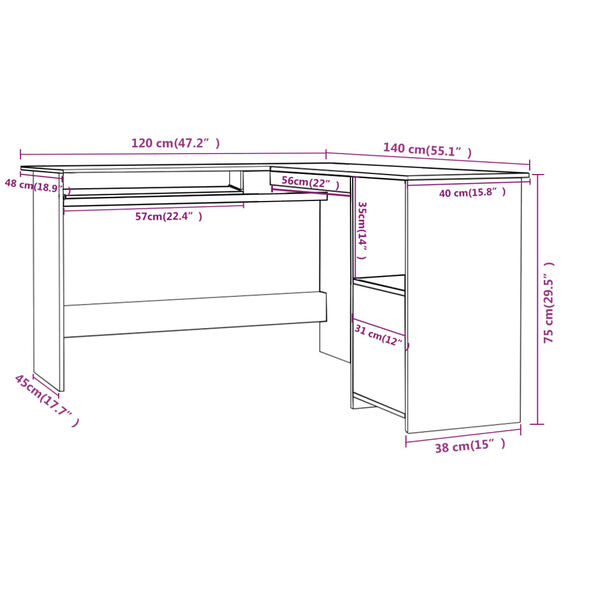 vidaXL Γραφείο Γωνιακό Μαύρο 120 x 140 x 75 εκ. από Επεξ. Ξύλο