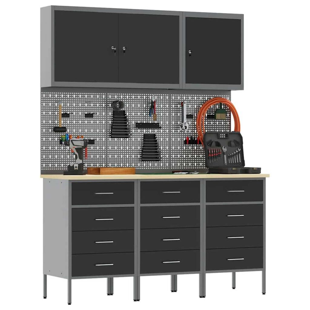 vidaXL Πάγκος εργασίας με συρτάρι 8 pcs Μαύρο 150 x 55 x 200 εκ Ατσάλι