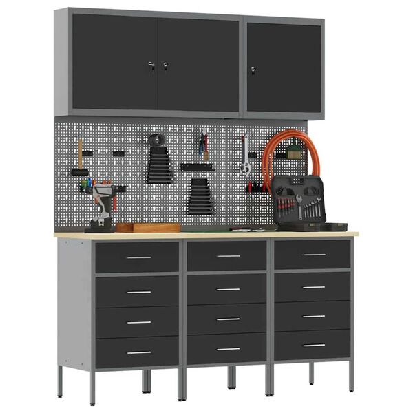 vidaXL Πάγκος εργασίας με συρτάρι 8 pcs Μαύρο 150 x 55 x 200 εκ Ατσάλι