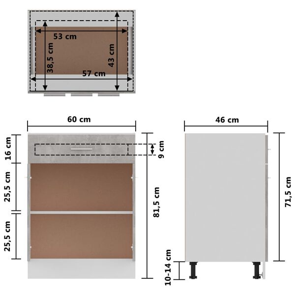 vidaXL Ντουλάπι με Συρτάρι Γκρι Σκυροδέματος 60x46x81,5 εκ Επεξ. Ξύλο
