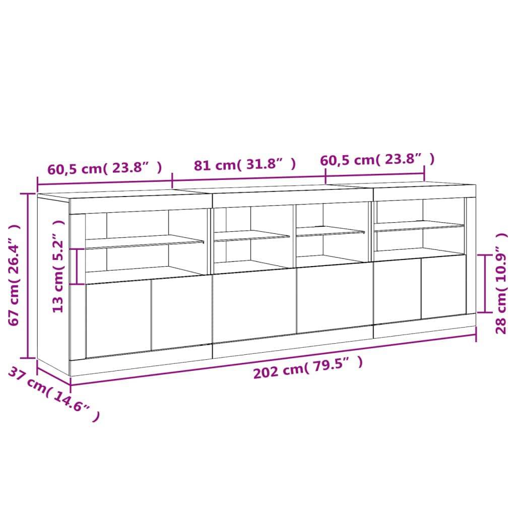 vidaXL Μπουφές με Φώτα LED Μαύρος 202 x 37 x 67 εκ.