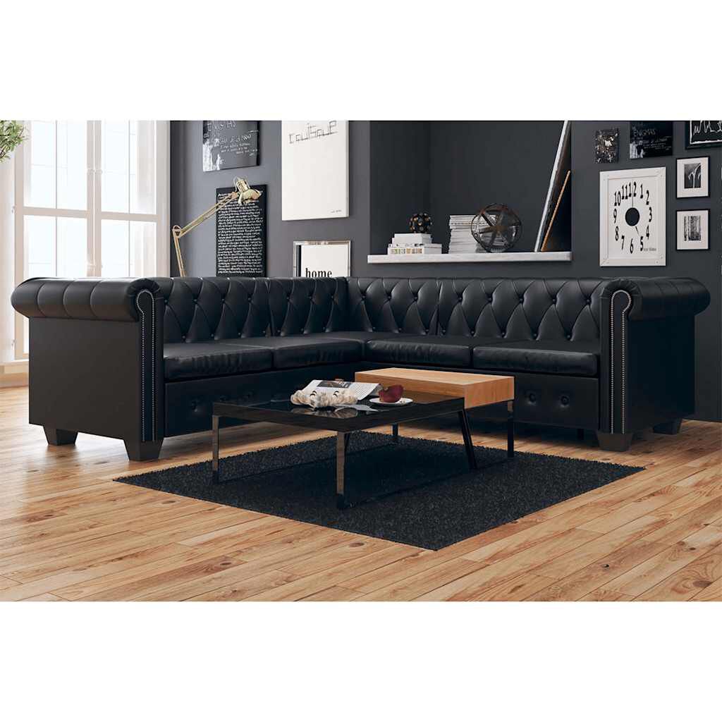 vidaXL Καναπές Γωνιακός Πενταθέσιος Chesterfield Μαύρος Συνθετικό Δέρμα
