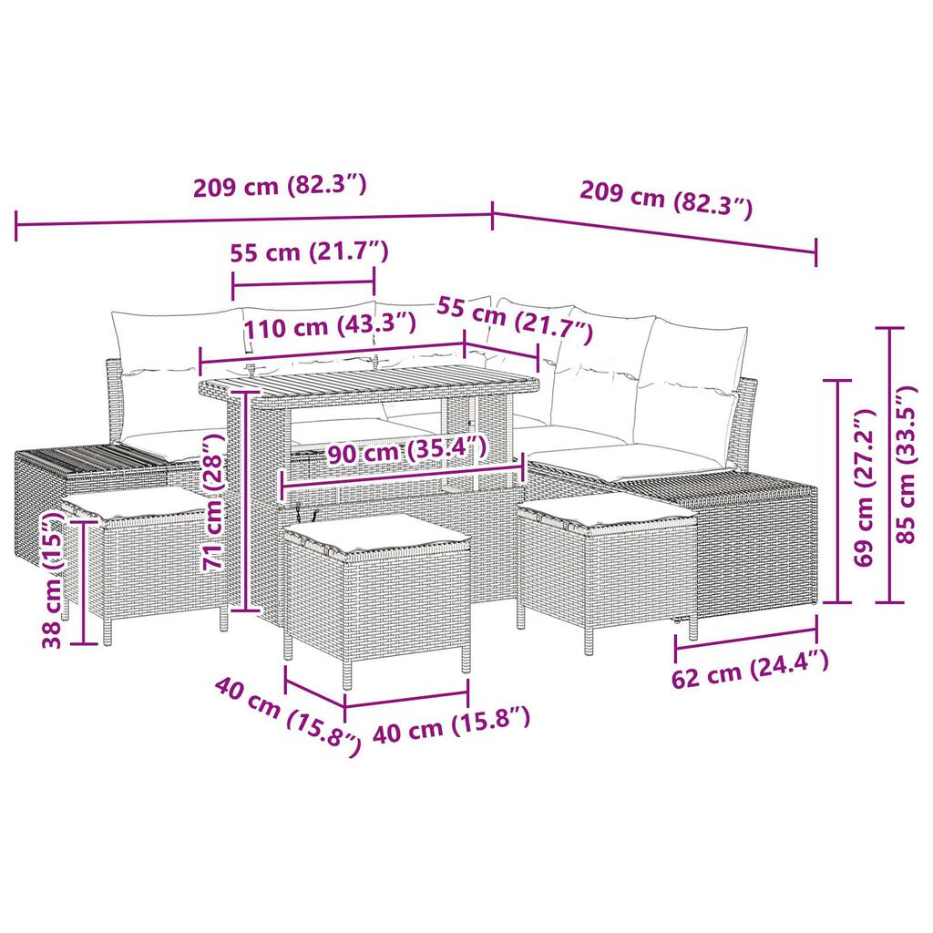 vidaXL Σετ Καναπέ Κήπου με μαξιλάρι 9 pcs Γκρι Πολυ ράταν