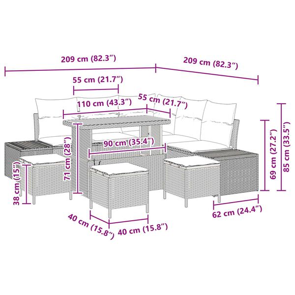 vidaXL Σετ Καναπέ Κήπου με μαξιλάρι 9 pcs Γκρι Πολυ ράταν