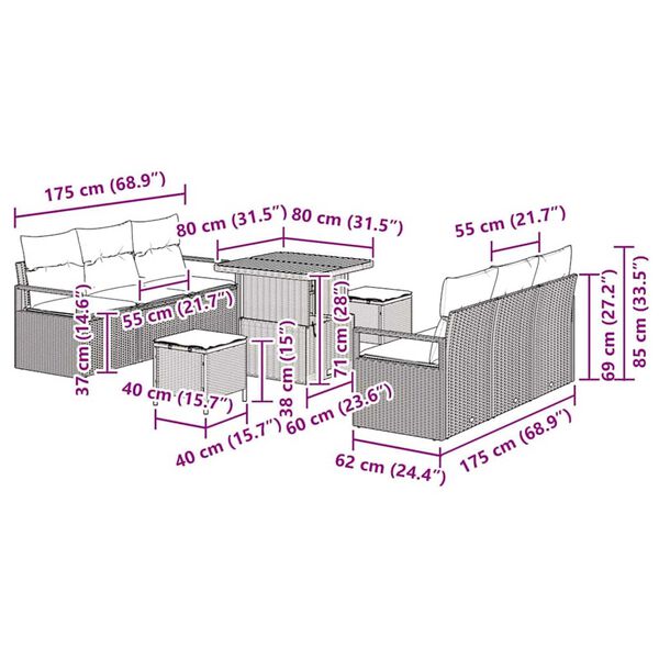 vidaXL Σετ Καναπέ Κήπου με αποθήκευση 9 pcs Μπεζ Πολυ ράταν