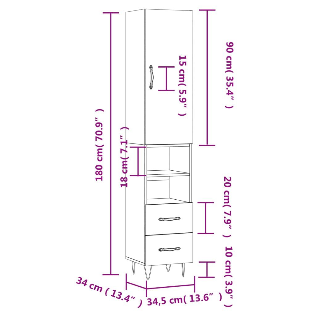 vidaXL Ντουλάπι Λευκό 34,5 x 34 x 180 εκ. από Επεξεργασμένο Ξύλο