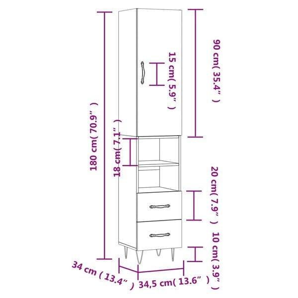 vidaXL Ντουλάπι Λευκό 34,5 x 34 x 180 εκ. από Επεξεργασμένο Ξύλο