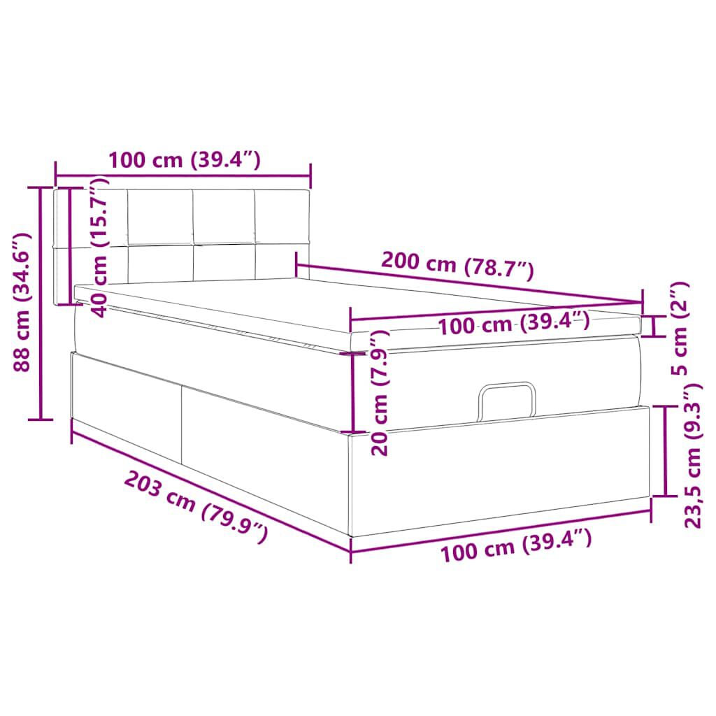 vidaXL Οθωμανικό κρεβάτι με στρώμα & LEDs Μαύρο 100x200 cm Ύφασμα
