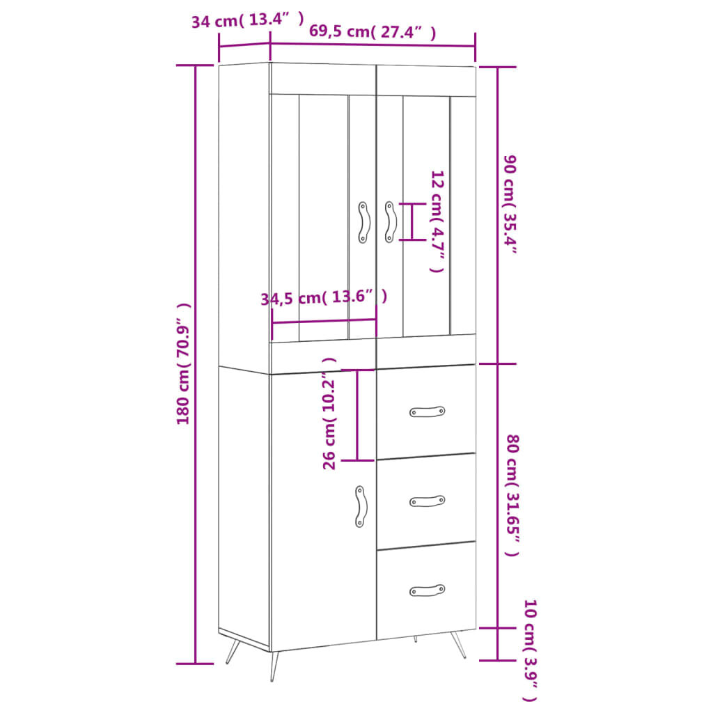 vidaXL Ντουλάπι Καφέ Δρυς 69,5 x 34 x 180 εκ. από Επεξεργασμένο Ξύλο