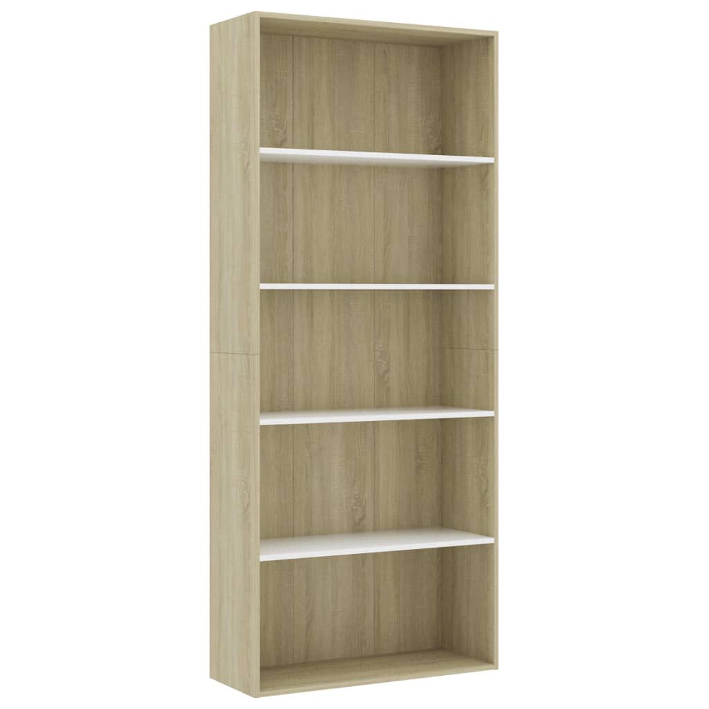 vidaXL Βιβλιοθήκη με 5 Ράφια Λευκό/Sonoma 80x30x189 εκ. Μοριοσανίδα