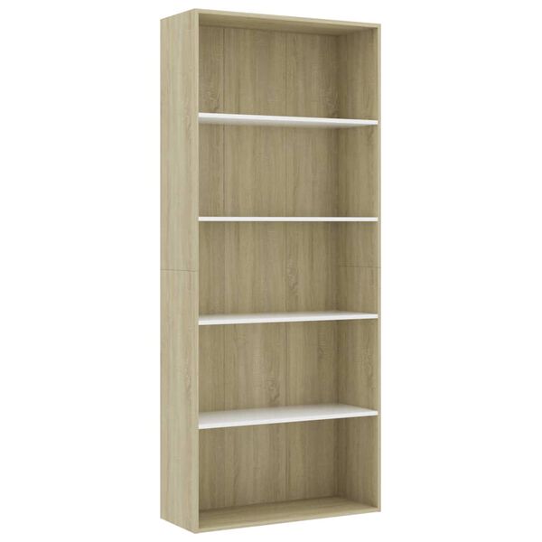 vidaXL Βιβλιοθήκη με 5 Ράφια Λευκό/Sonoma 80x30x189 εκ. Μοριοσανίδα